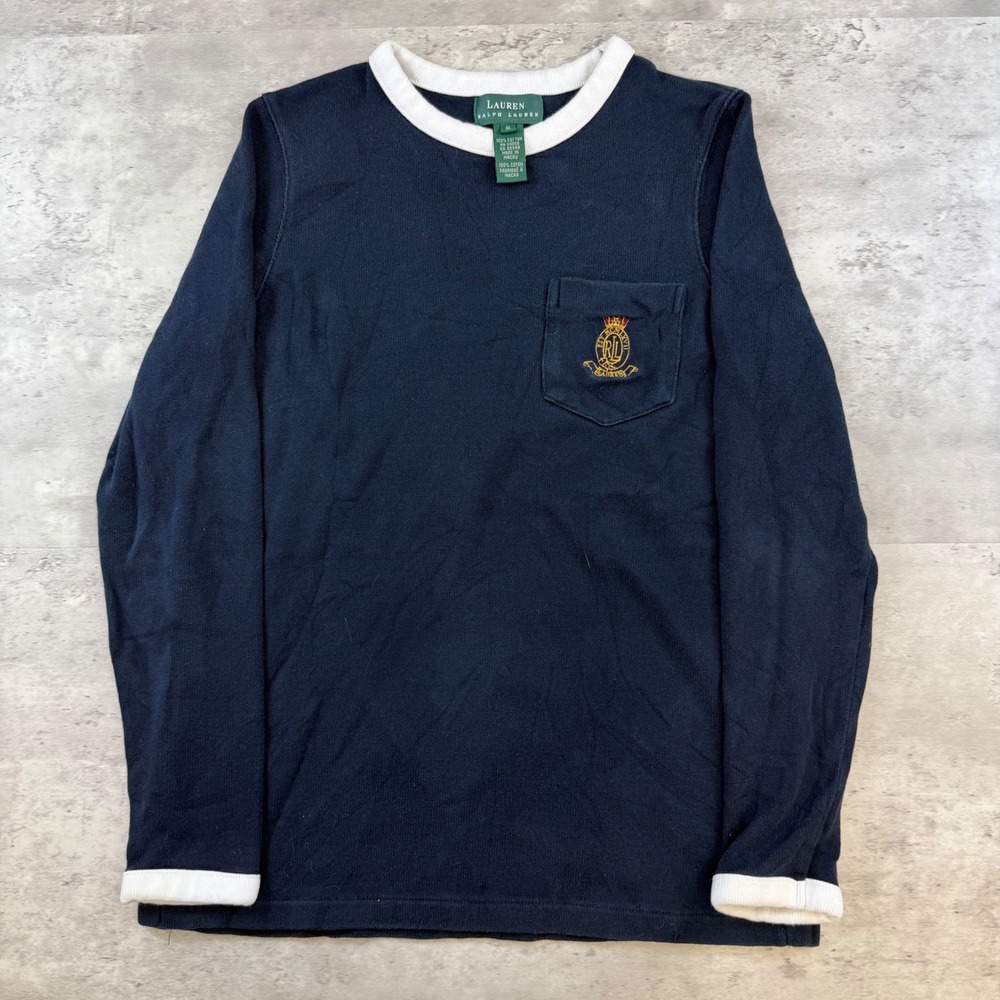 Lauren Ralph Lauren Navy Blue Crest Pocket Long‎ Sleeve Ringer Knit Top Small